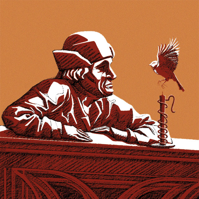 Illustration de Vlou pour la couverture du roman policier Chapitre fatal à la cathédrale, de Jacques Fortier
